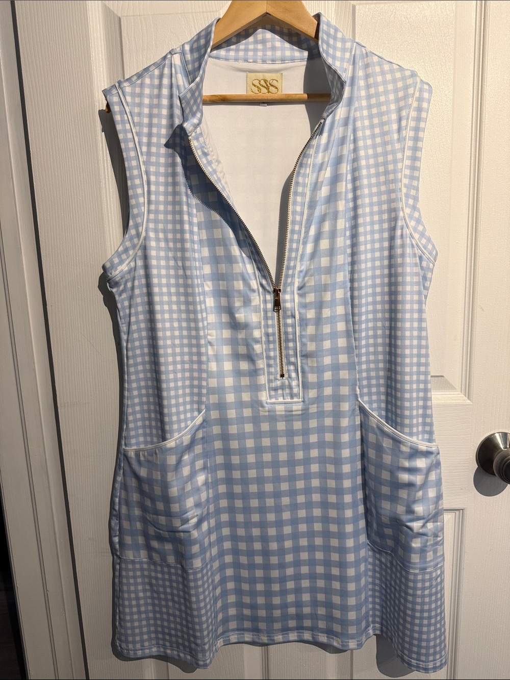 SSYS Sleeveless Light Blue Gingham Zip Front Dress